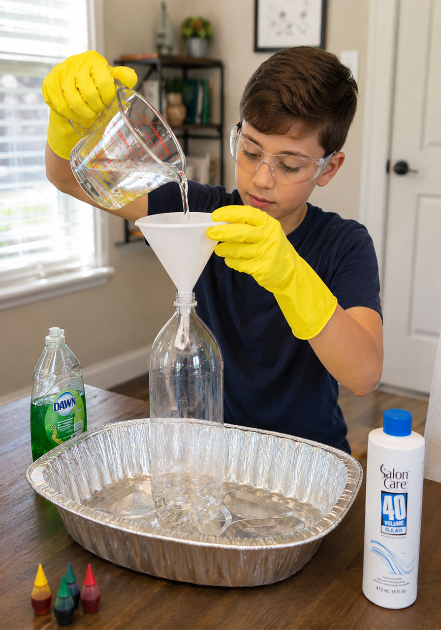 Pouring 12 percent hydrogen peroxide developer into bottle using funnel
