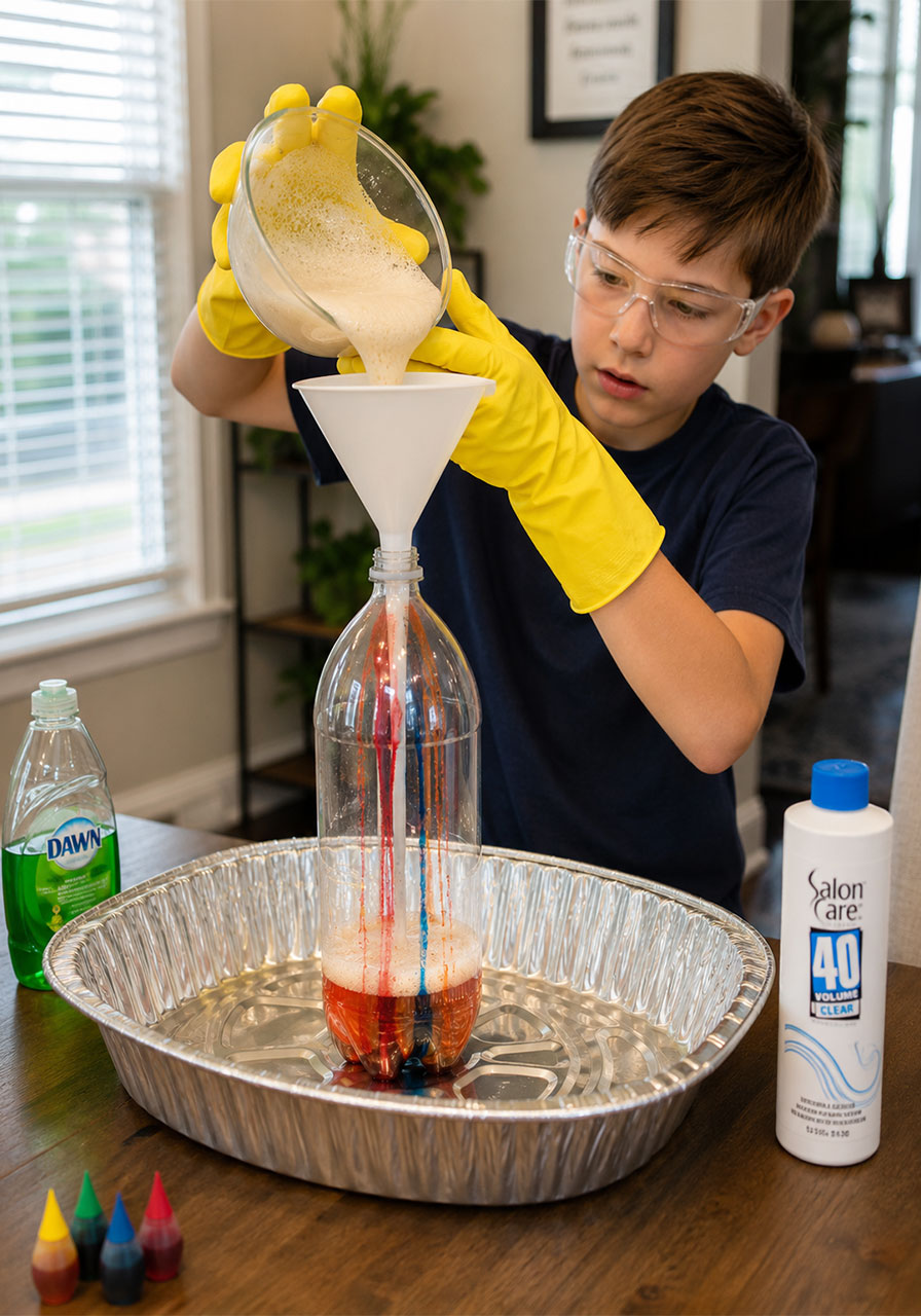 Pouring yeast catalyst mixture into bottle to start chemical reaction