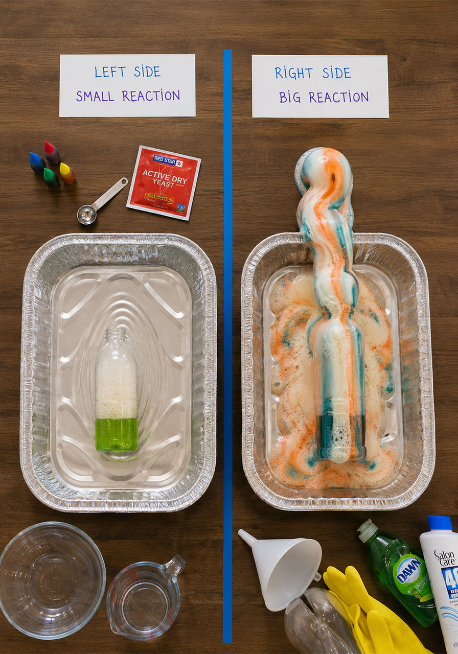 Touching cooled elephant toothpaste foam safely with gloves on