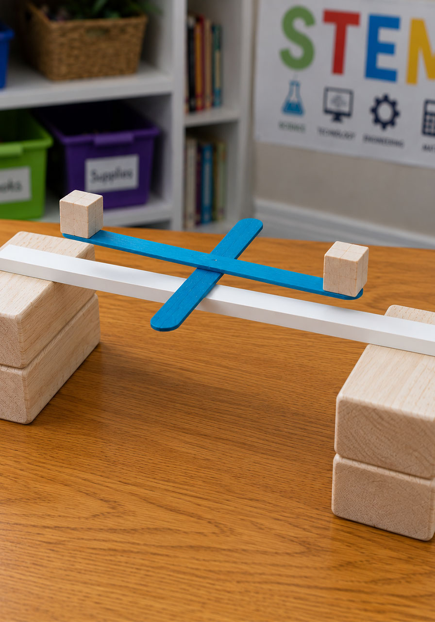 Craft stick balanced with equal wooden cube weights on both ends