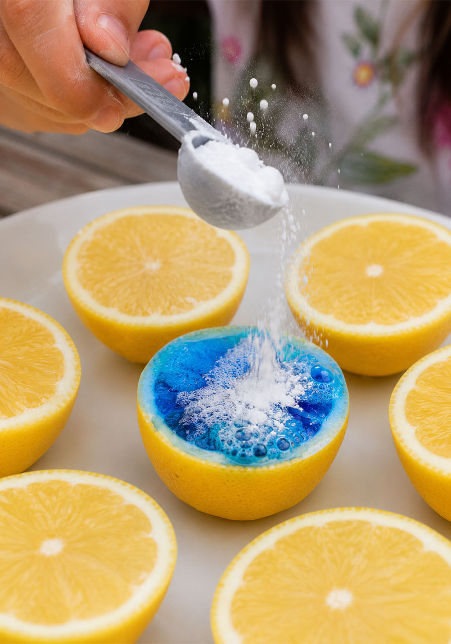 Sprinkling baking soda onto lemon to trigger volcano eruption reaction
