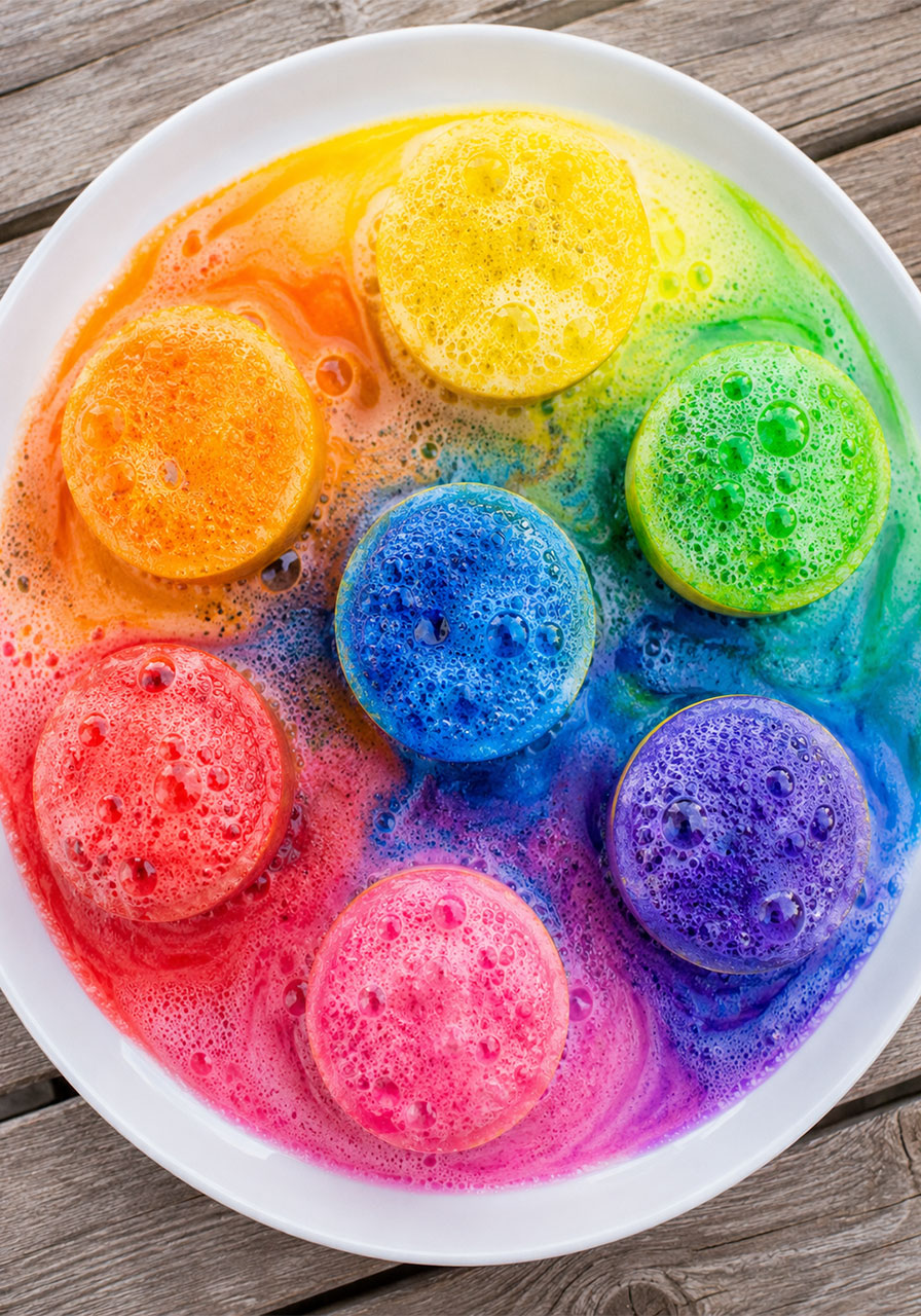 Finished rainbow lemon volcano tray showing all seven color reactions