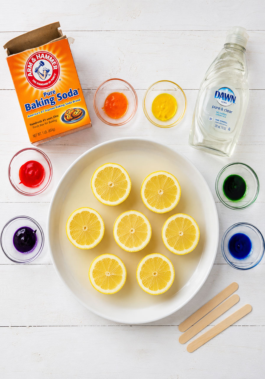 Ingredients and supplies needed for erupting lemon volcano science experiment