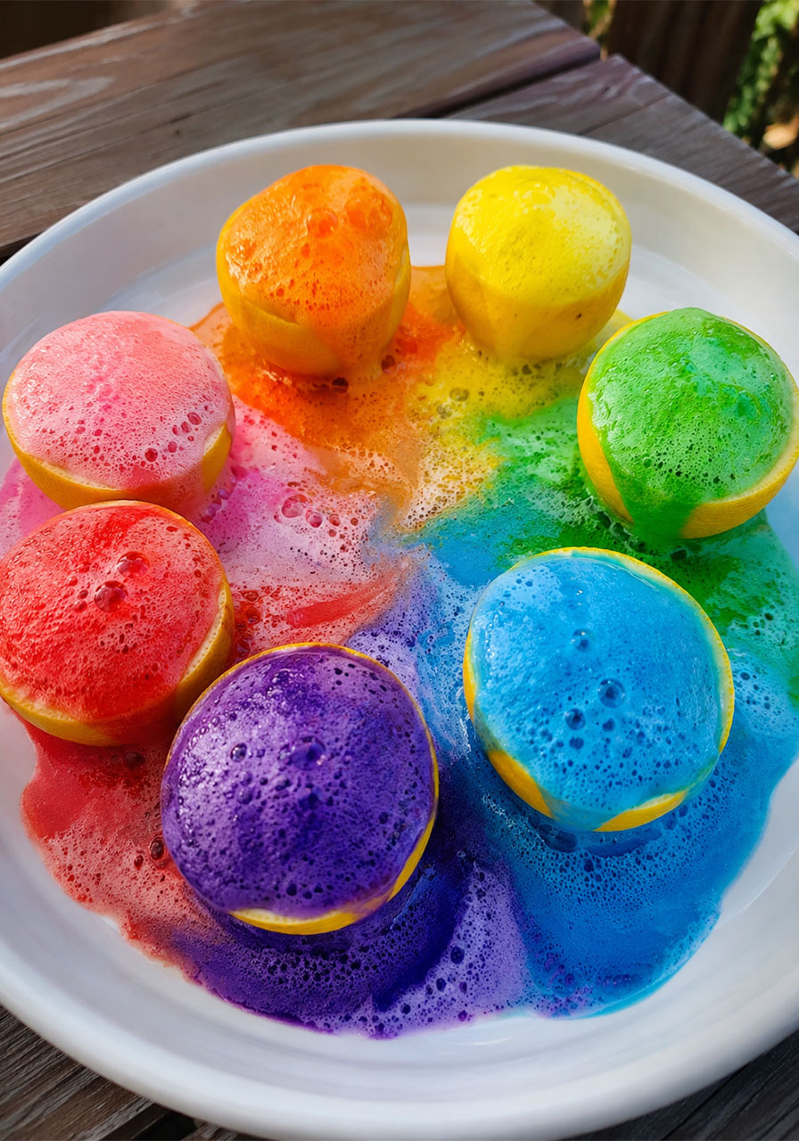 Rainbow erupting lemon volcano STEM activity with seven colorful foam eruptions