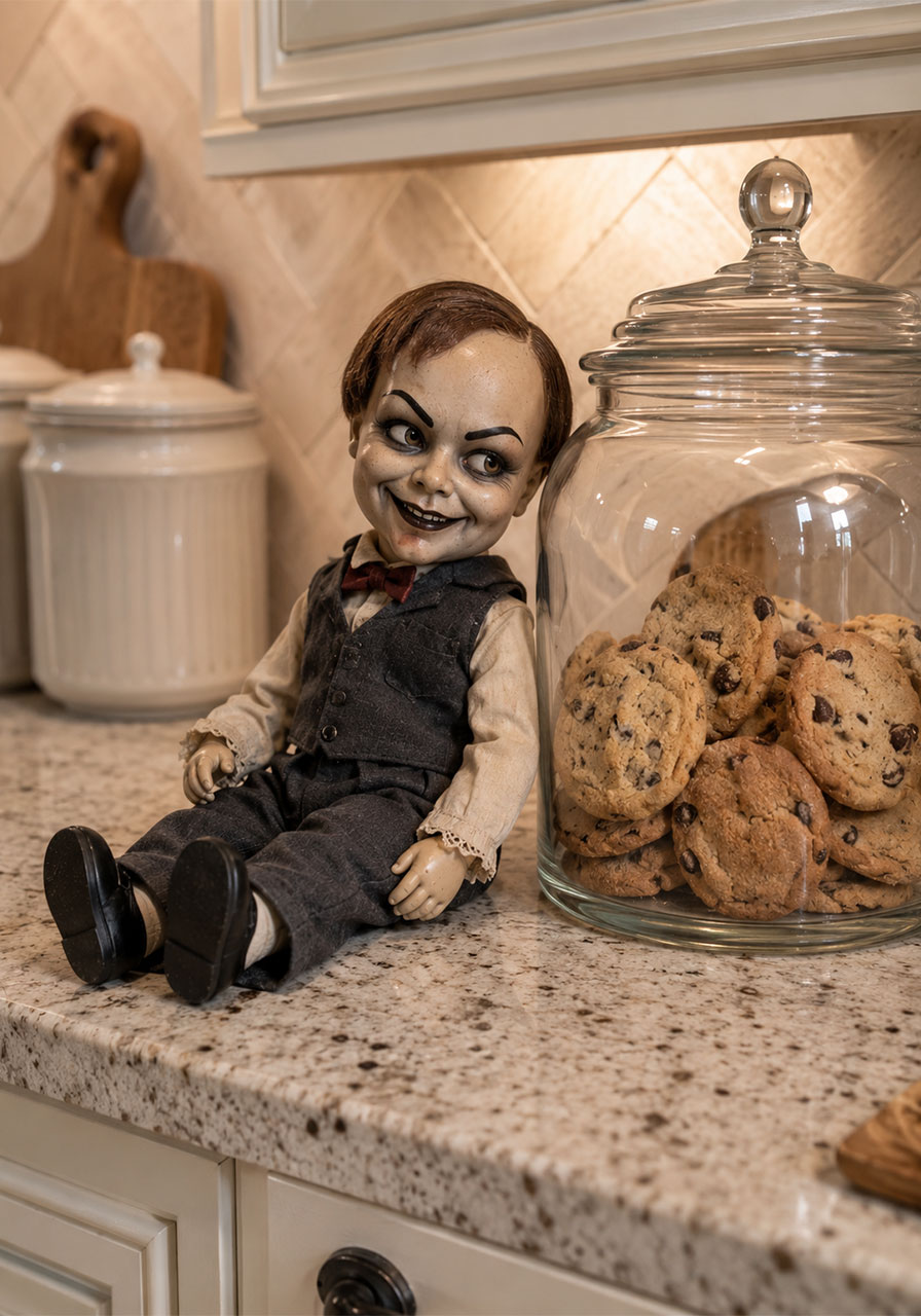 Mischievous-looking doll propped beside a kitchen jar for Halloween decor