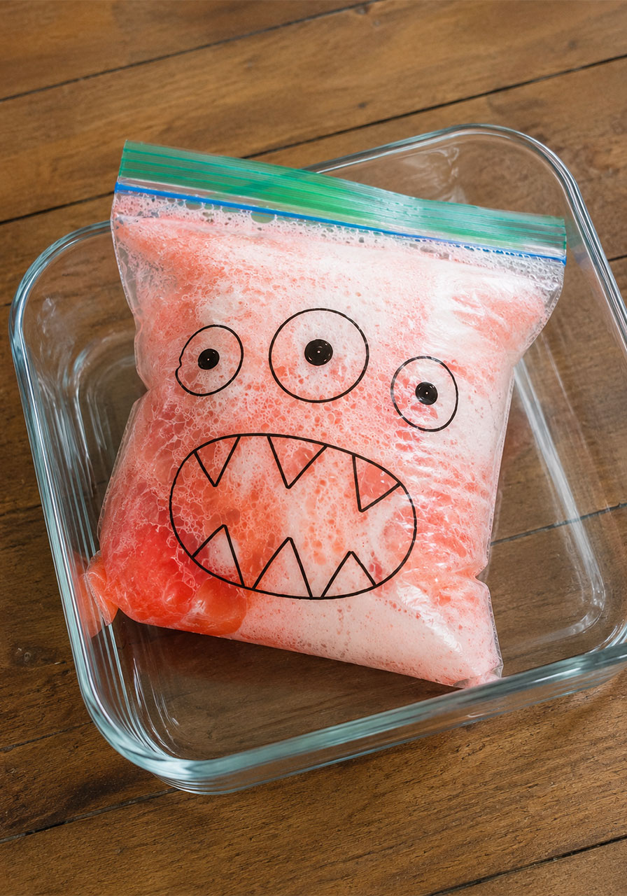 Foam expanding inside the exploding monster bag during the acid-base reaction