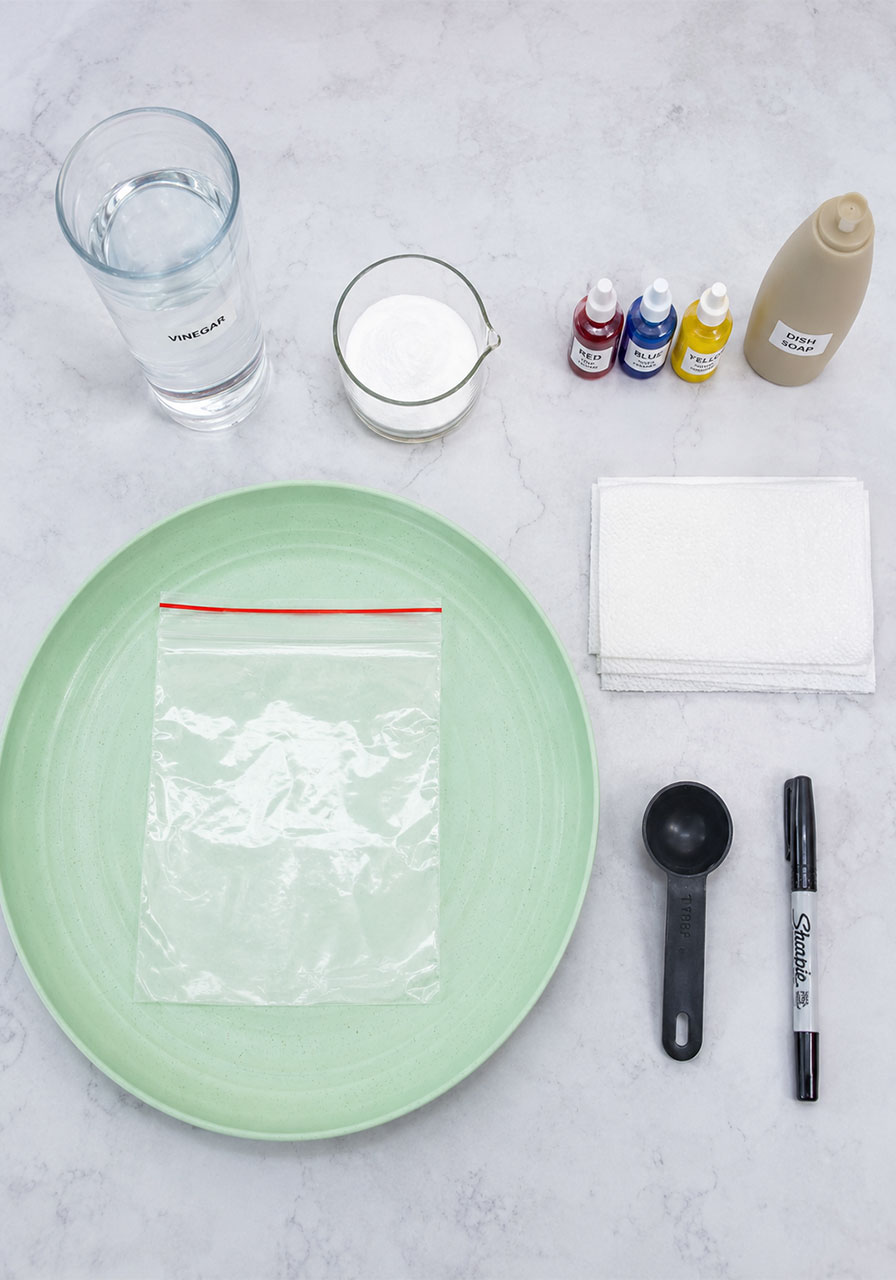 Materials needed for an exploding monster science experiment including vinegar and baking soda