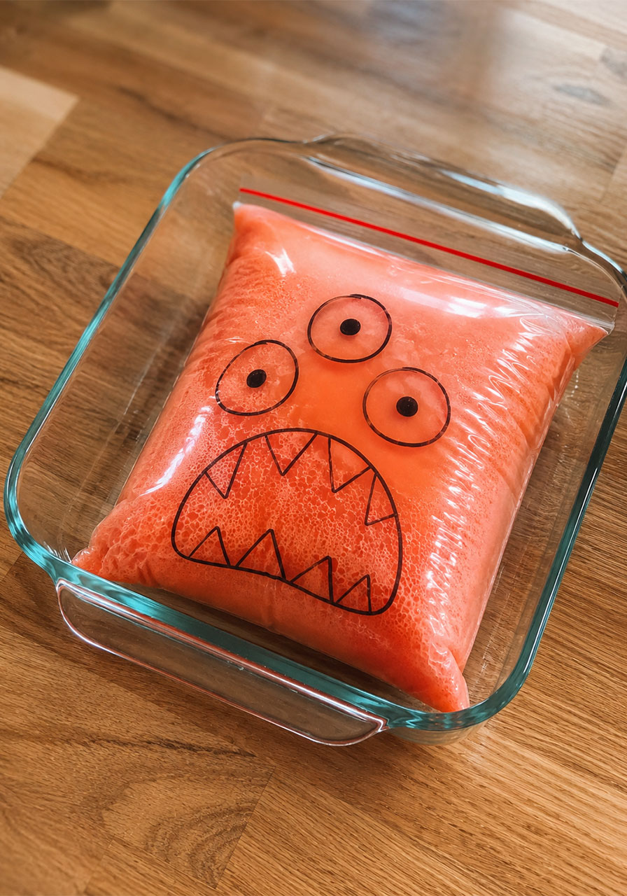 Exploding monster science experiment with foaming zip-lock bag for kids