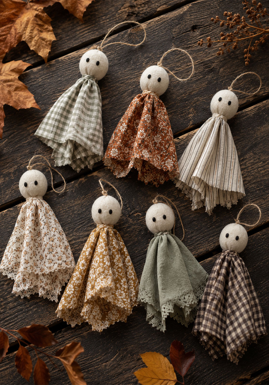 Close-up of felted wool ghost heads and fabric bodies on a wood surface