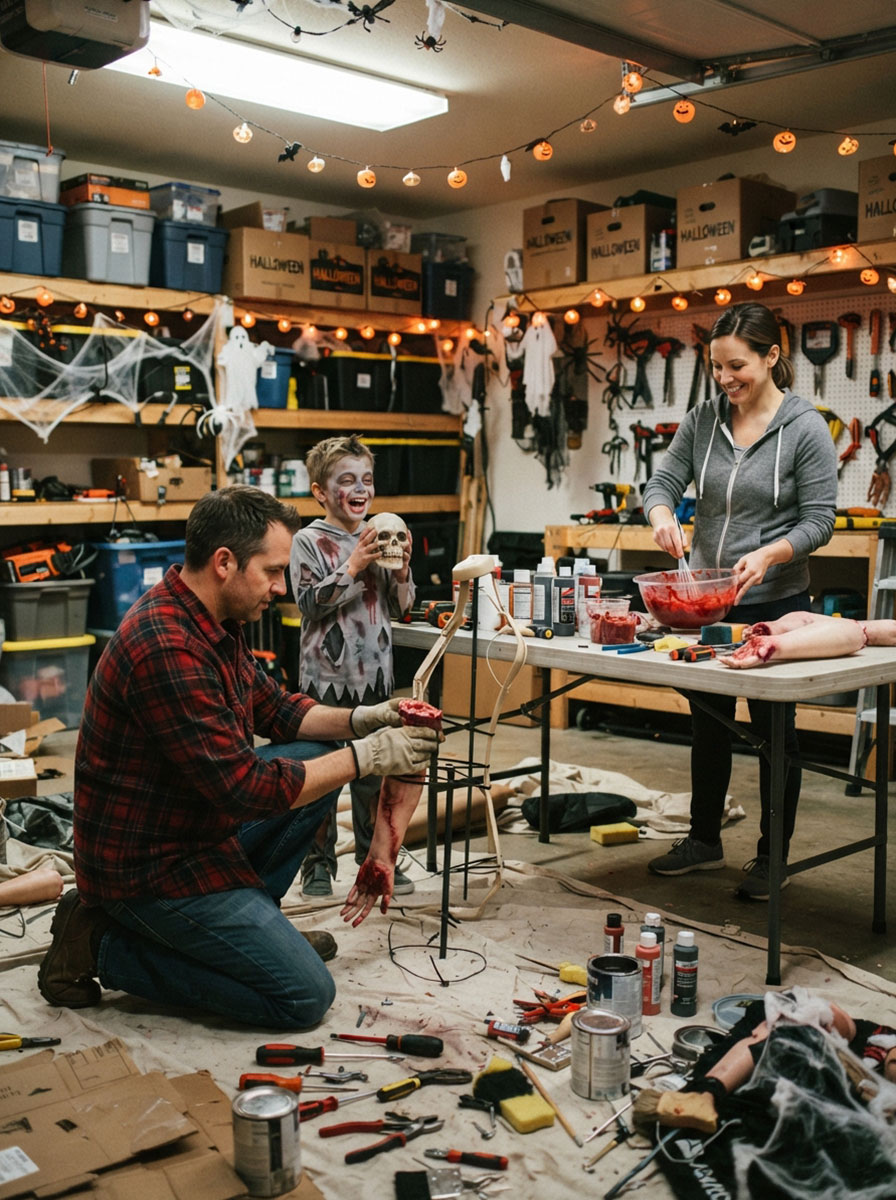 Family building DIY Halloween haunted house props together in home garage workshop