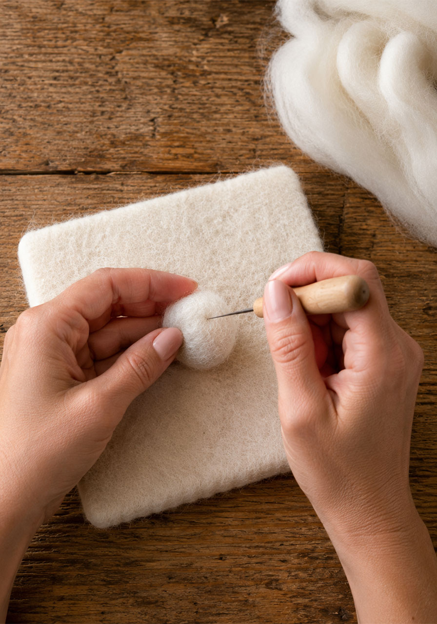 Hands needle felting a wool ball into a ghost head shape