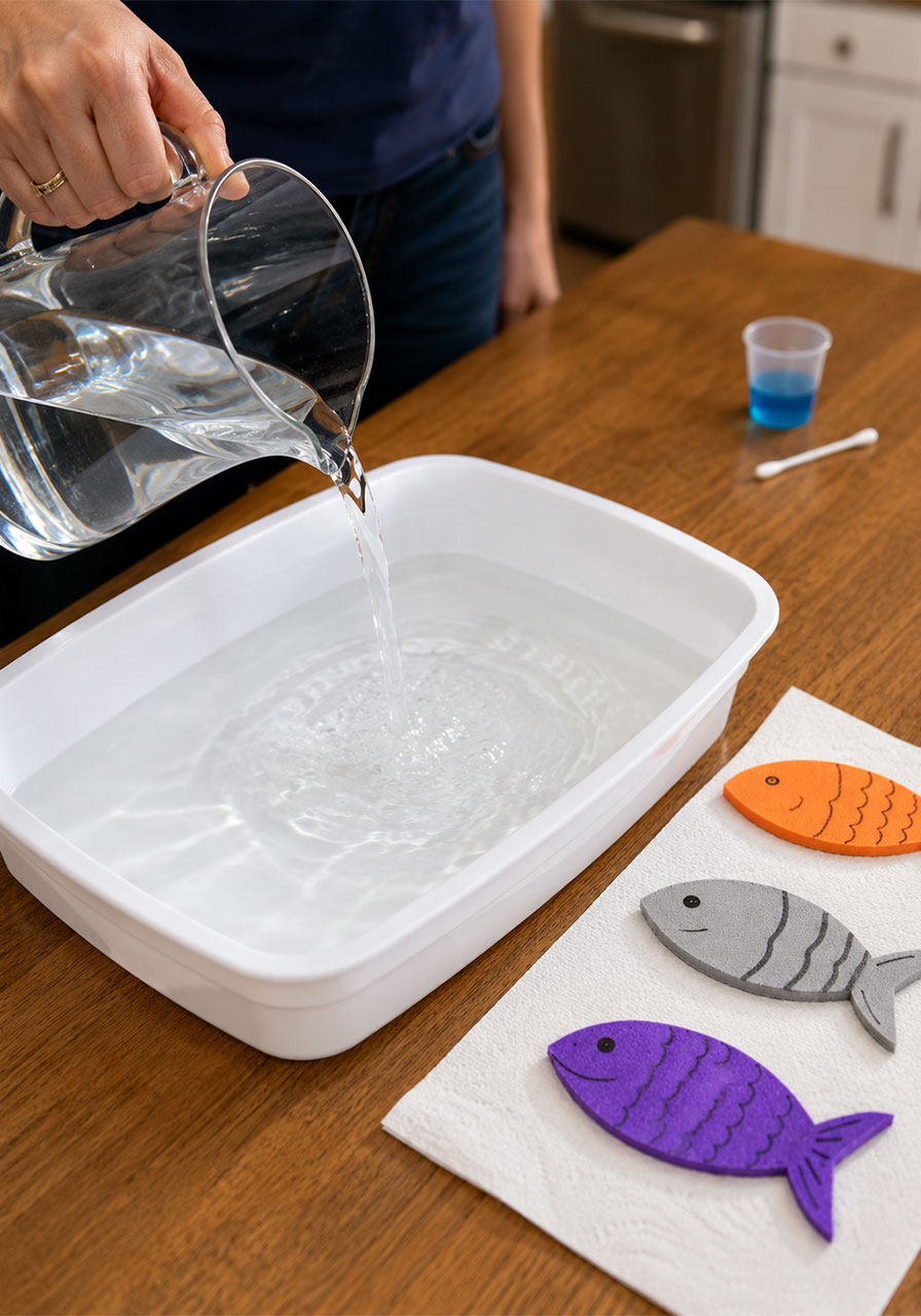 Pouring water into tray to set up swimming fish science experiment for kids