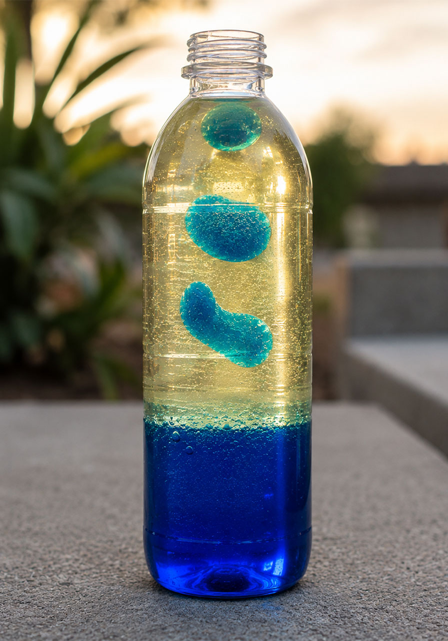 Finished homemade lava lamp with glowing blue color blobs suspended in oil