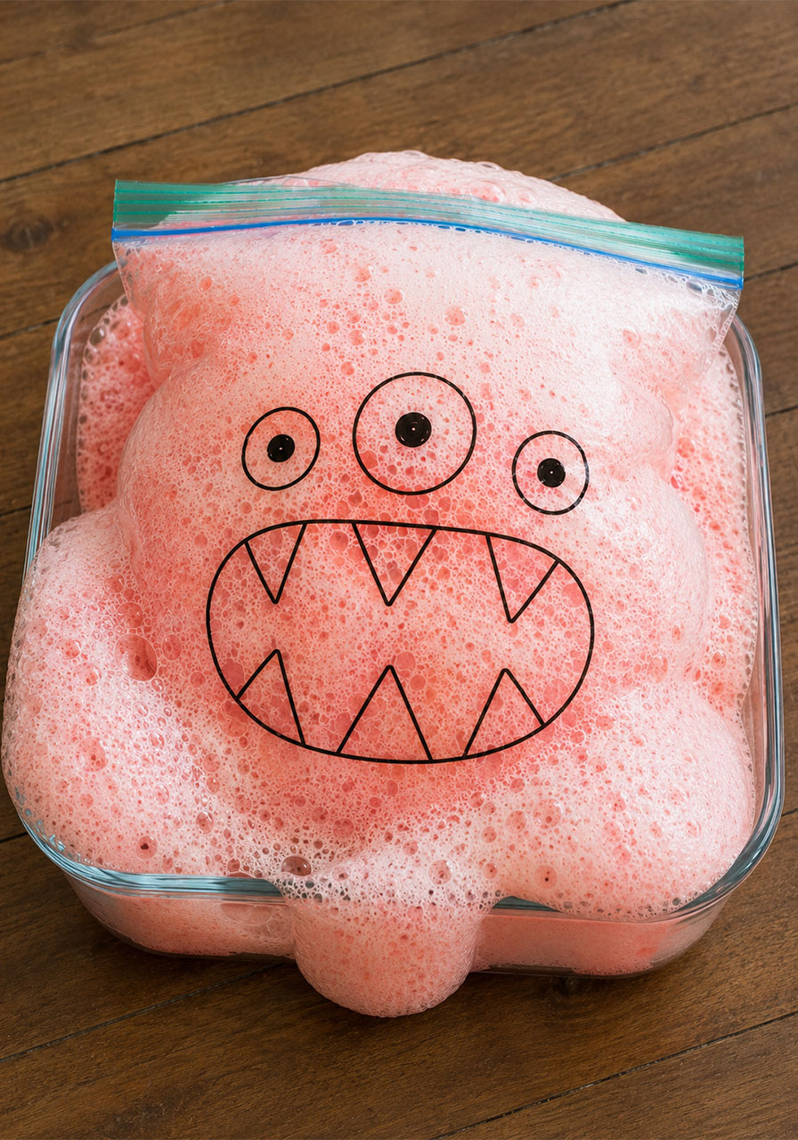 Finished exploding monster science experiment fully puffed with foam