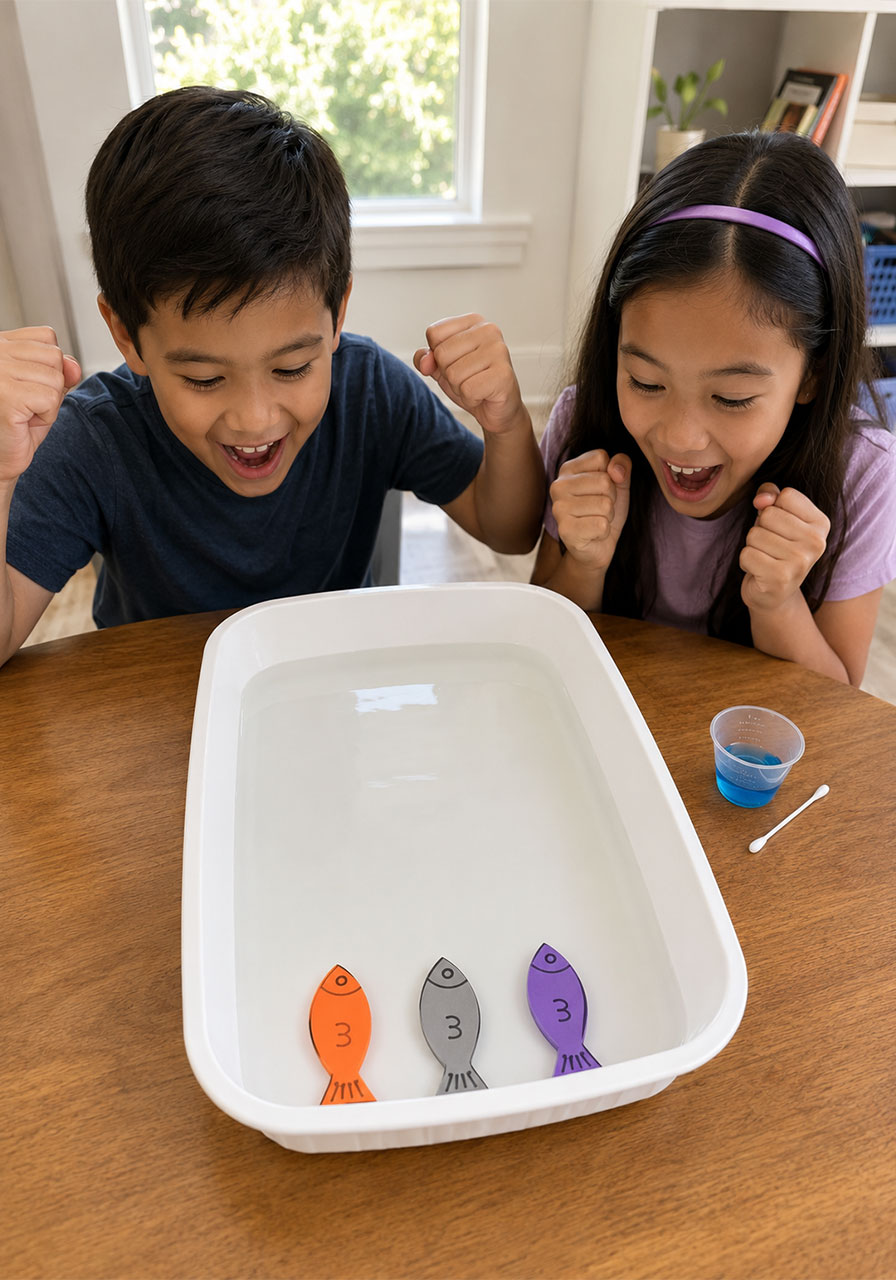 Kids racing multiple foam fish across water in fun variation of swimming fish experiment