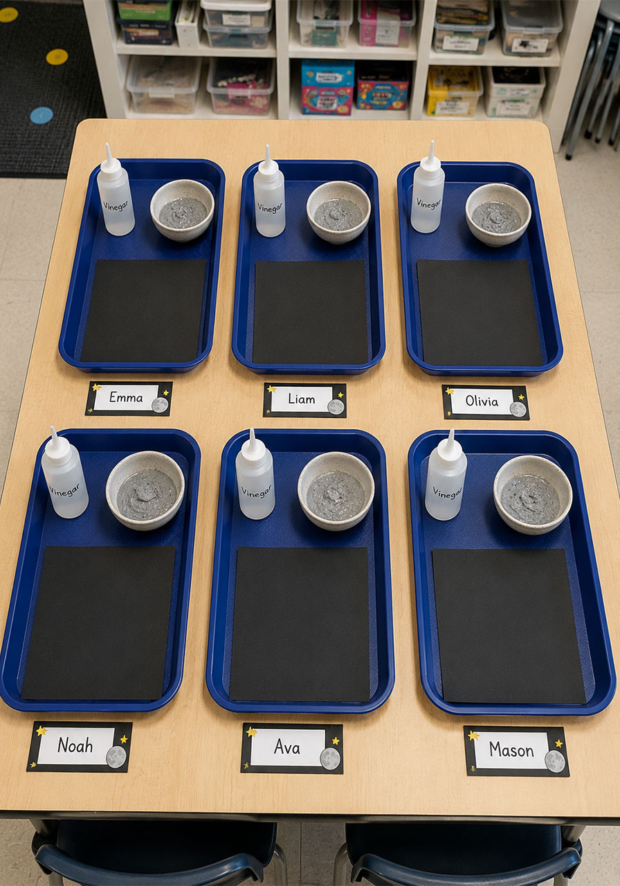 Classroom setup for group fizzing moon art STEM activity with multiple stations