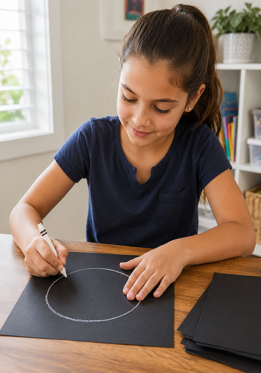 Child drawing moon outline with white crayon on black paper for fizzing moon craft