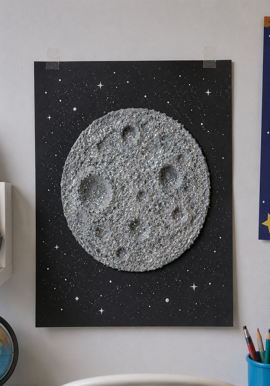 Finished fizzing moon art craft displayed on wall as space themed decor