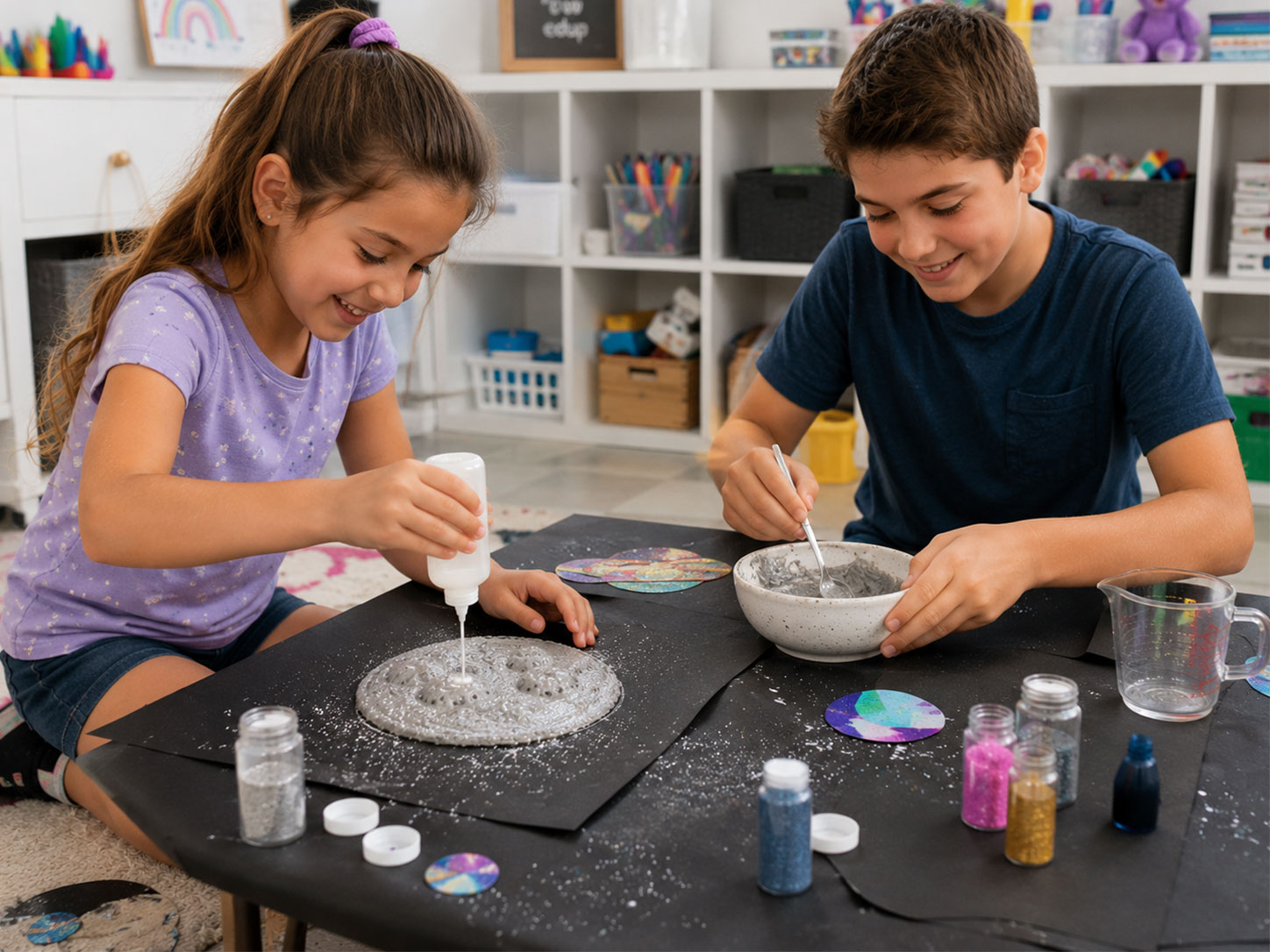 Two kids working together on DIY fizzing moon art science craft