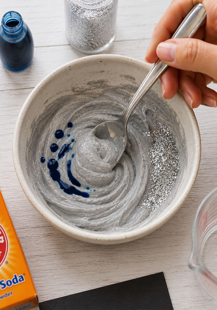 Mixing baking soda paste with food coloring and glitter for moon art craft