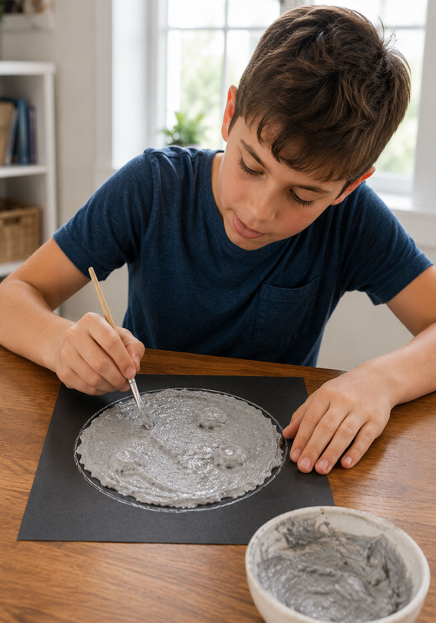 Child spreading baking soda paste onto moon outline to create textured craters
