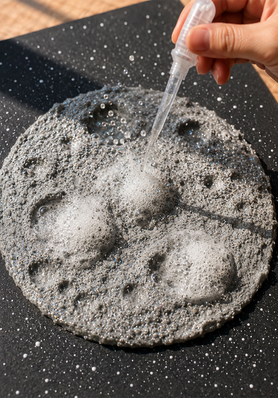 Vinegar reacting with baking soda paste creating fizzing craters on moon art