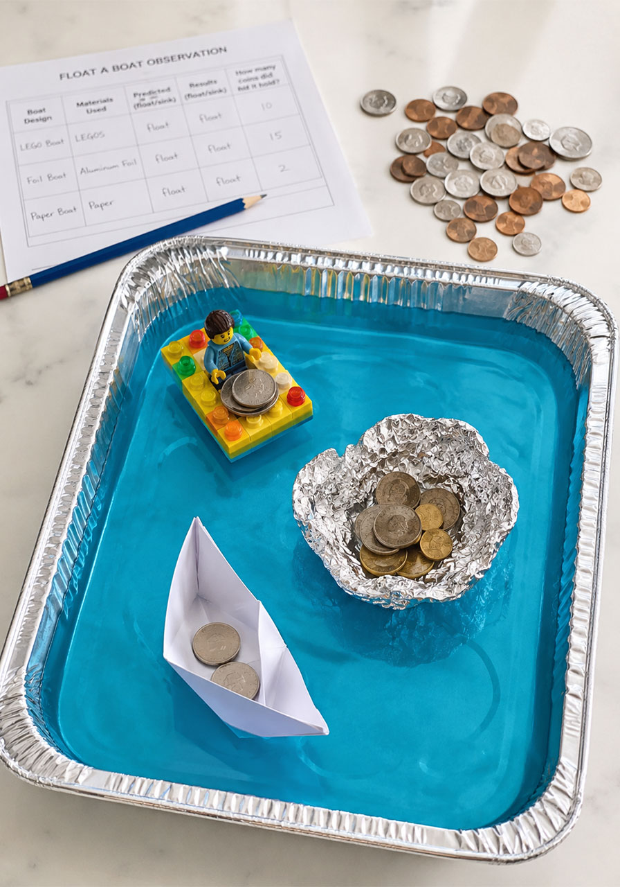 Floating boat kids science experiment STEM activity with LEGO, foil, and paper boats holding coins in water