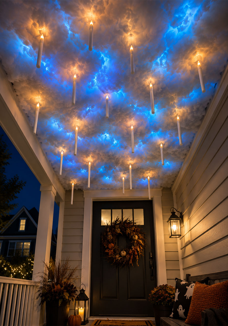 Floating Halloween candles hanging from a glowing cloud ceiling DIY porch decoration