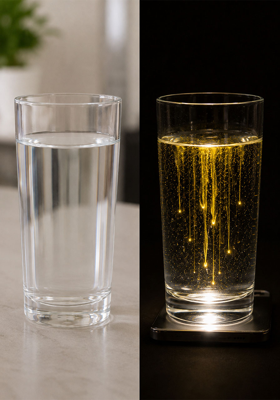 Before and after comparison showing plain water transforming into a glowing fluorescent meteor shower