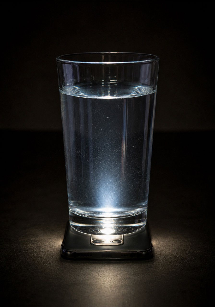 Setting up the glass of water on top of a phone flashlight before adding the glowing vitamin B powder