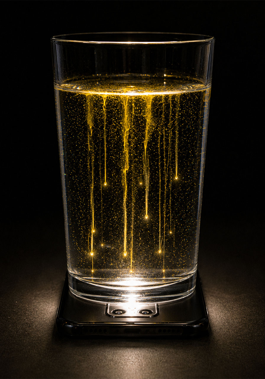 Golden fluorescent meteor shower effect glowing inside a glass of water during the STEM experiment