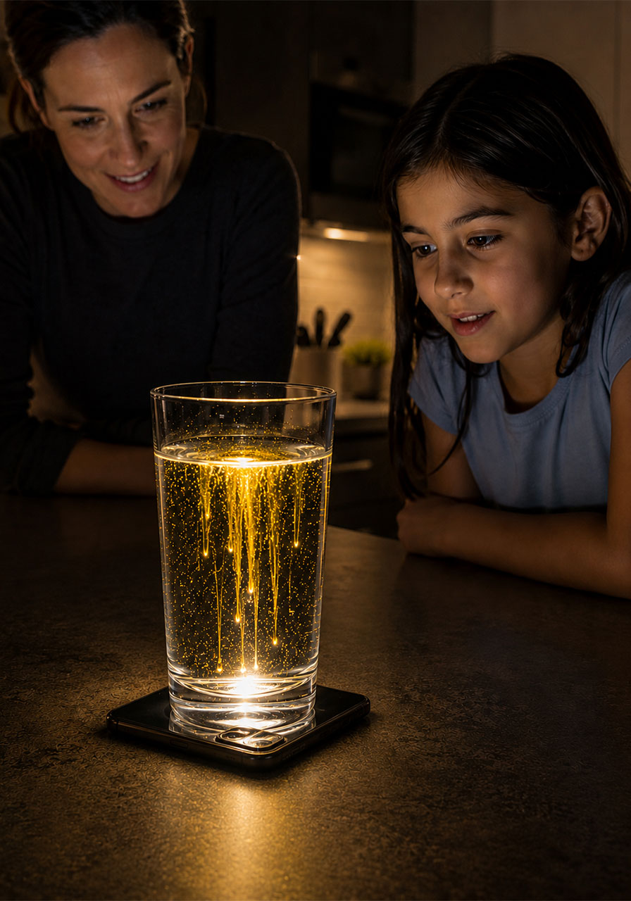 Child watching in amazement as the fluorescent meteor shower glows inside the glass of water