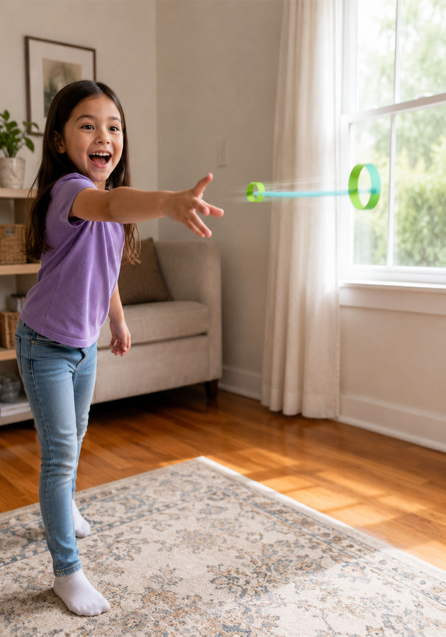 Child throwing a hoop glider paper plane indoors during a STEM activity