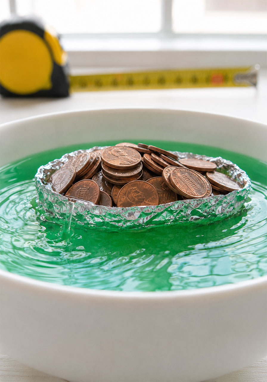 Overloaded foil boat nearly sinking under the weight of dozens of pennies during the STEM buoyancy challenge