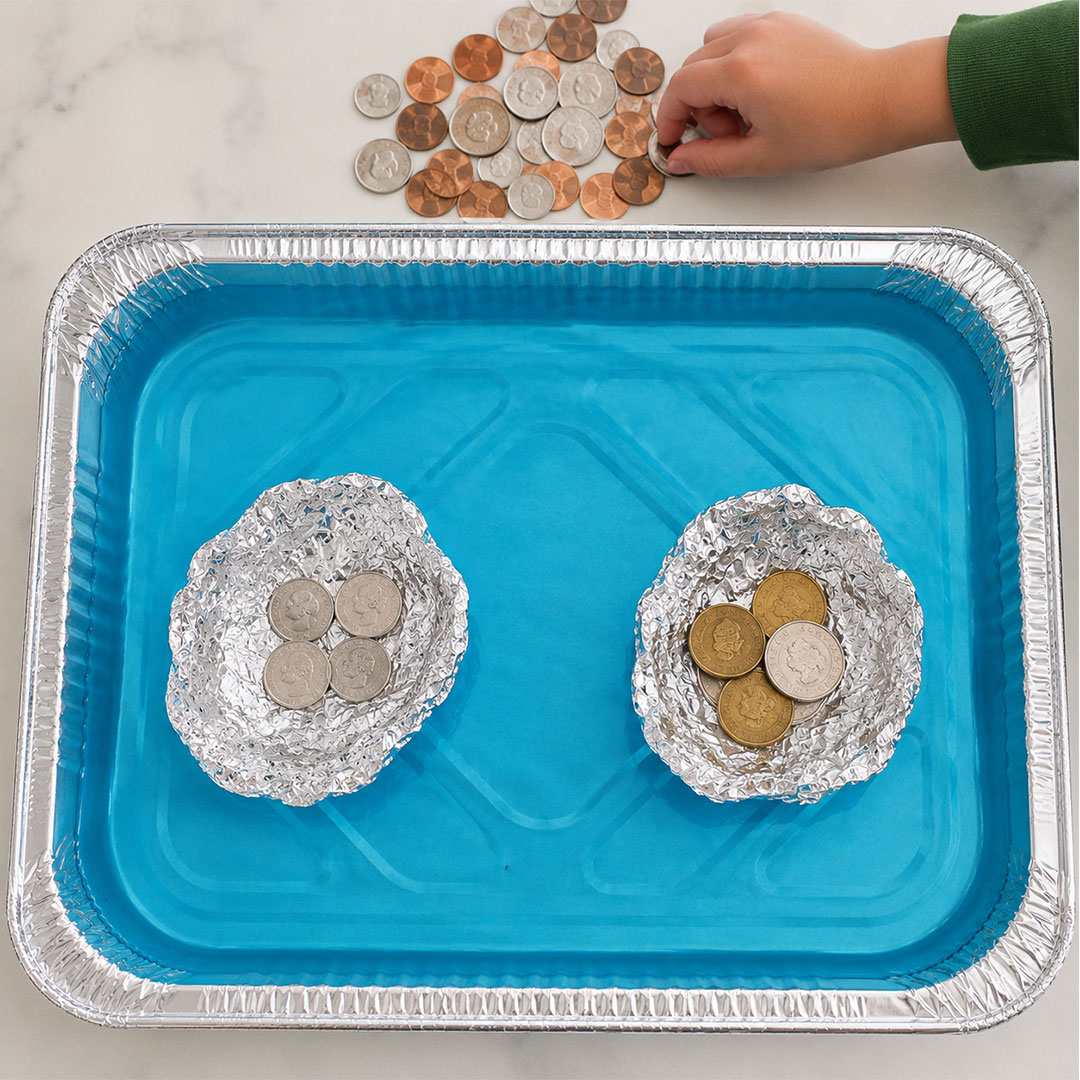 Two aluminum foil boats floating in water holding coins during science experiment