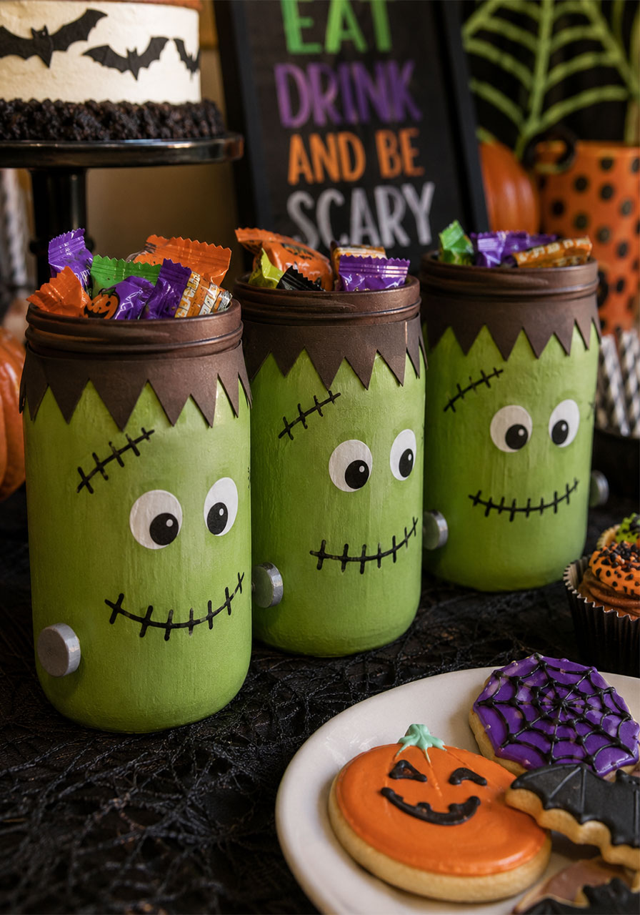 DIY Frankenstein mason jar candy dish Halloween craft