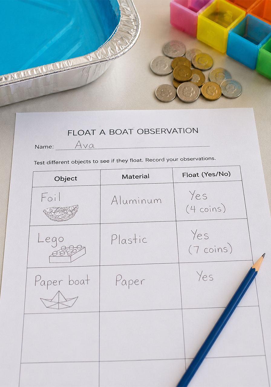 Free printable observation worksheet for floating boat kids science experiment