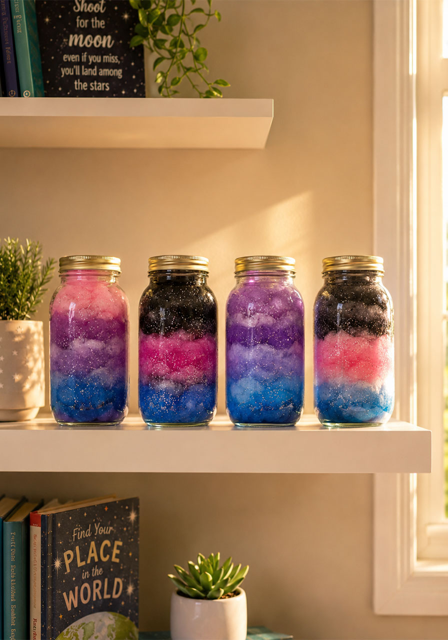 Finished galaxy jars displayed on shelf after STEM activity