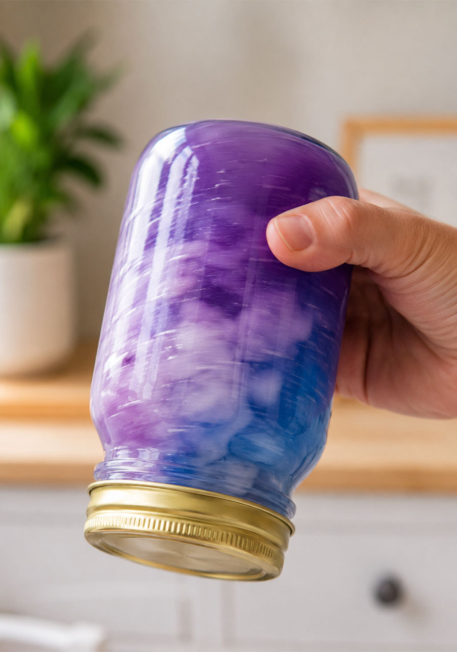 Flipping and spinning galaxy jar to create swirling color effect