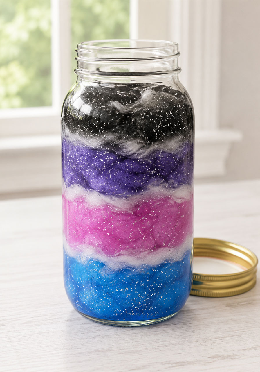 Galaxy jar showing layered colors and cotton in progress mid-activity