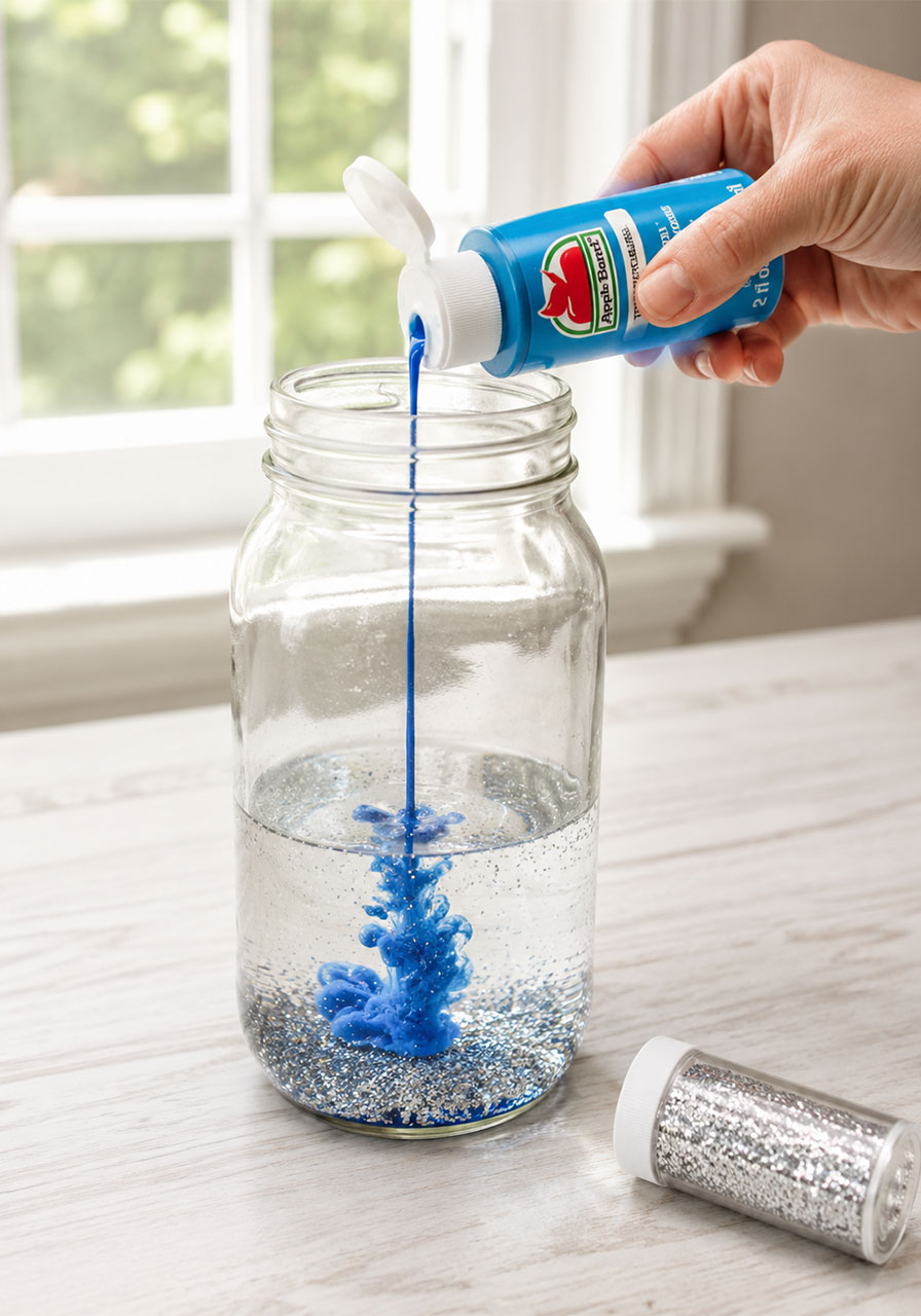 Adding blue craft paint and glitter to water in mason jar for galaxy jar activity