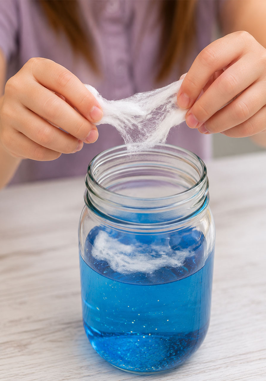 Stretching cotton balls thin before adding to mason jar for galaxy effect