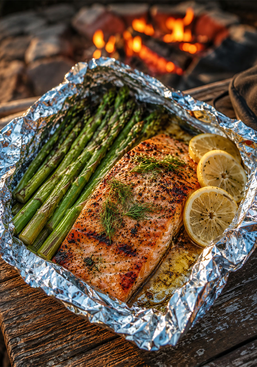 Garlic butter salmon and asparagus foil pack recipe for camping dinner