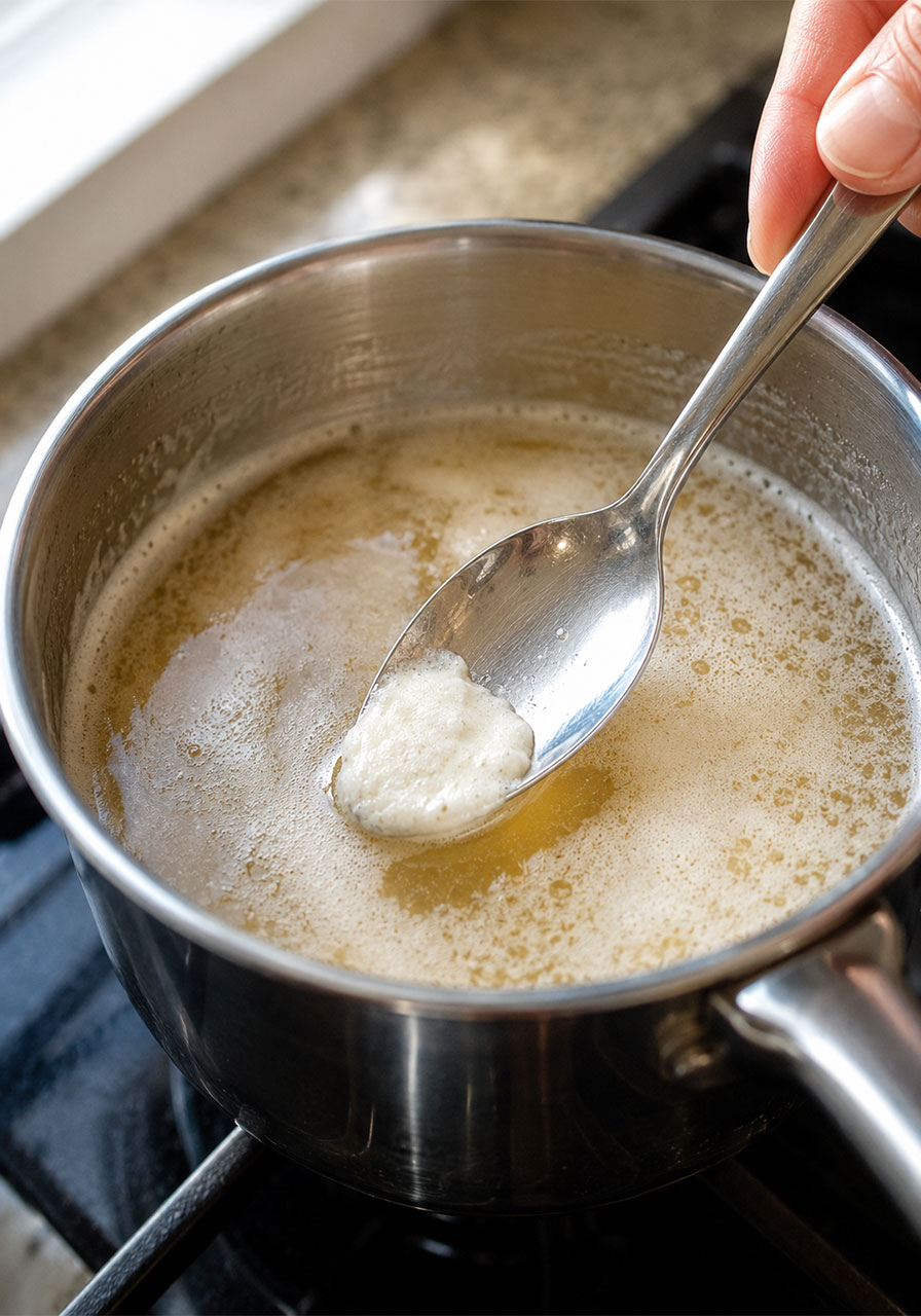 Skimming foam off gelatin mixture for clearer homemade bioplastic result