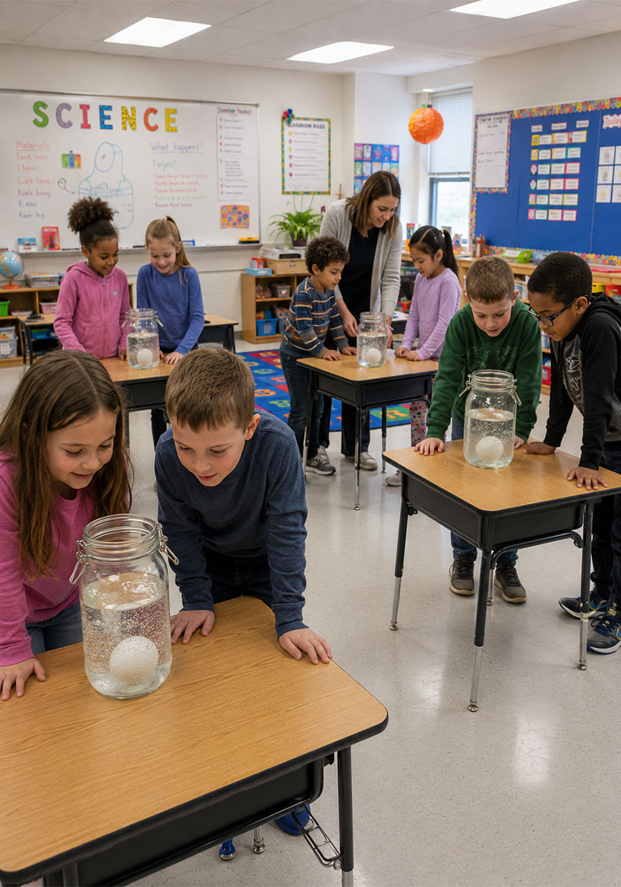 Elementary classroom students conducting the ghost eggs STEM experiment in small groups
