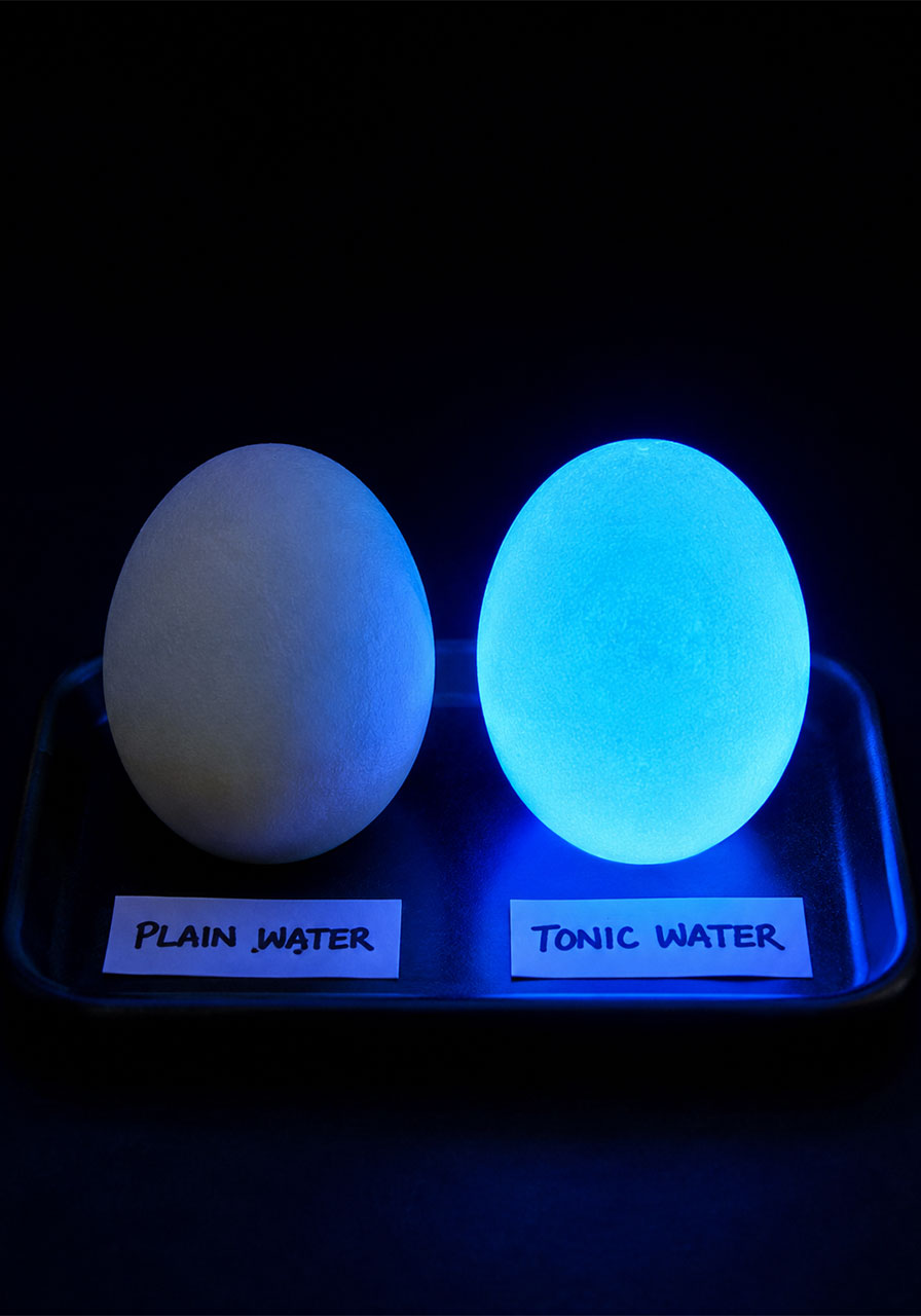 Comparison showing how tonic water makes the egg glow under blacklight versus plain water