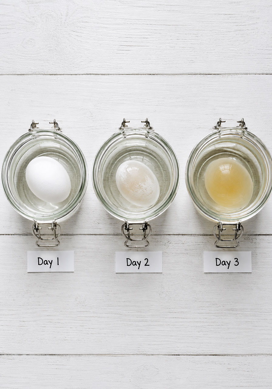 Timeline showing the eggshell slowly dissolving over three days in the ghost eggs science experiment