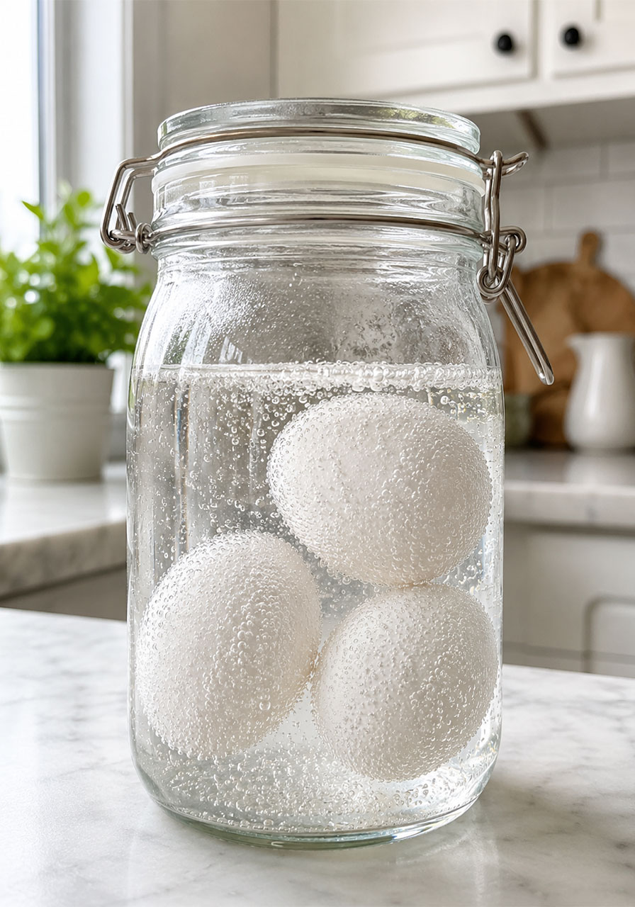 Raw eggs submerged in vinegar and tonic water mixture with bubbles forming during the ghost eggs experiment