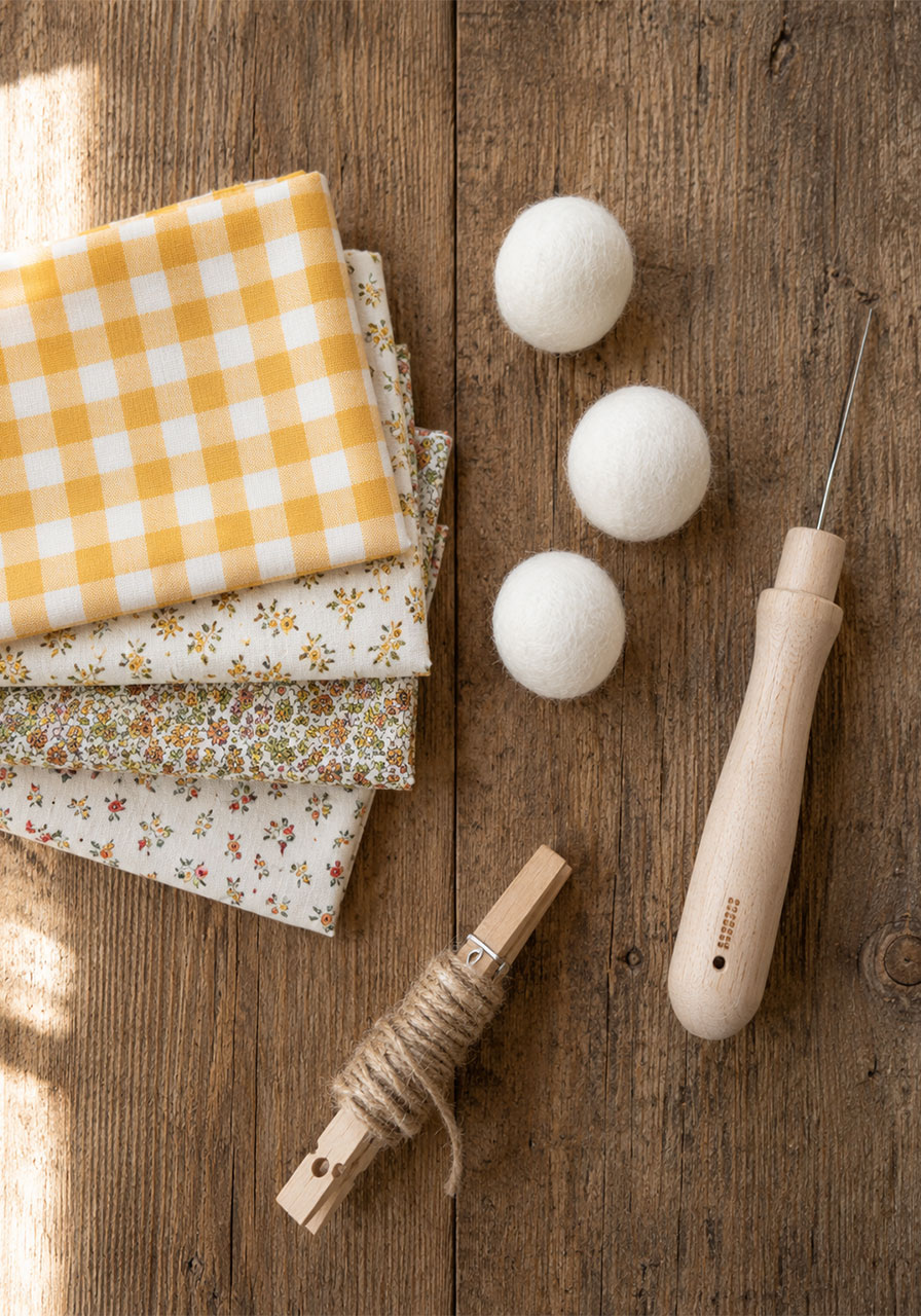 Materials flat lay for making a fabric ghost garland including wool and fabric scraps
