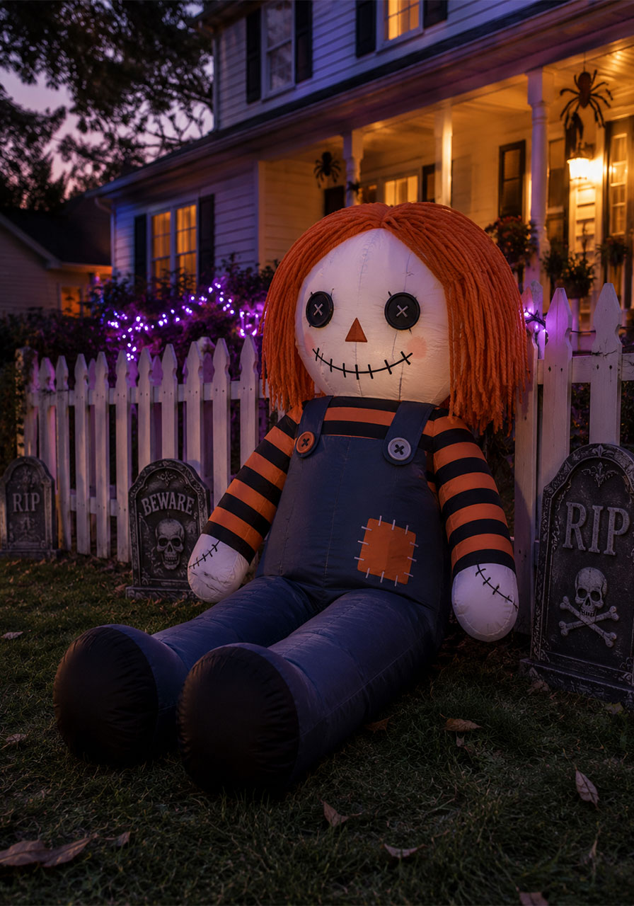 Giant inflatable creepy doll decoration displayed on a front lawn for Halloween